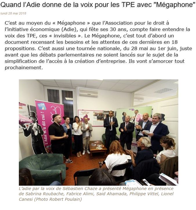 Quand l'Adie donne de la voix pour les TPE avec Mégaphone  (DESTIMED, L'info des deux rives, mai 2018) 